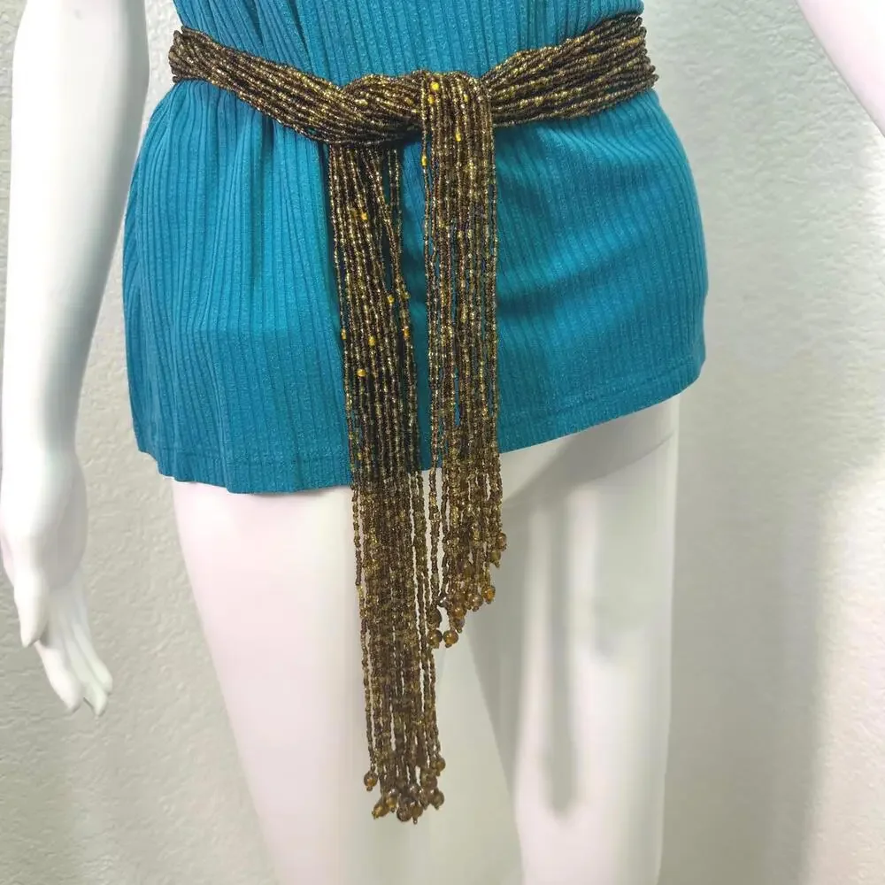 VTG 50” Multi Strand Brown Amber Glass Bead Tassel Necklace Boho